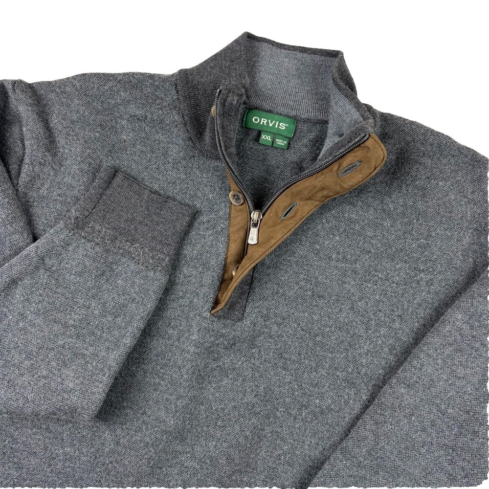 Orvis Sweater Mens 2XL (Fits XL) Gray Merino Wool 1/4 Zip Button Pullover